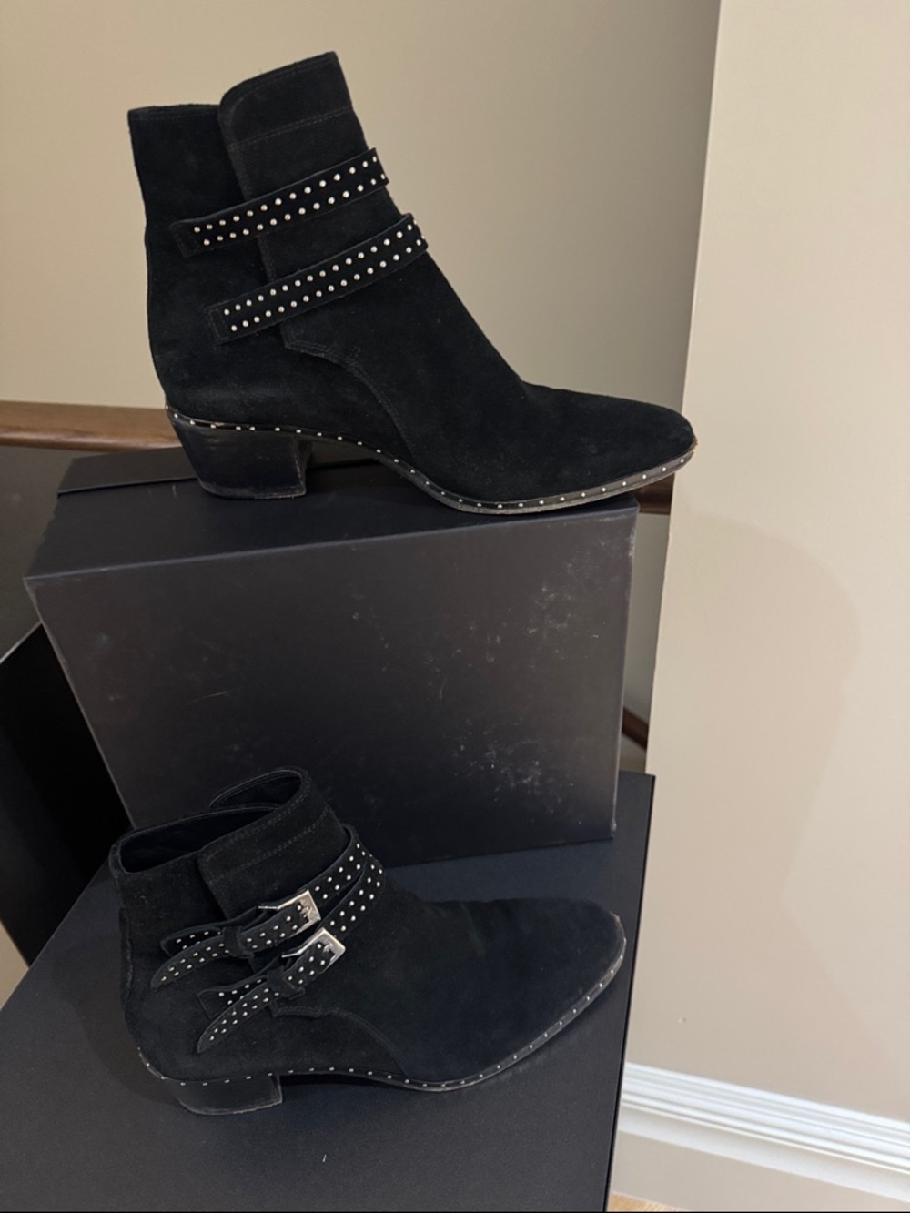 Kooples Black Suede Studded Buckle Ankle Boots